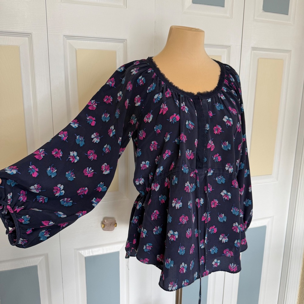 Rebecca Taylor Navy Pink Floral 100% Silk Lace Trim Balloon Sleeve Blouse Size 4